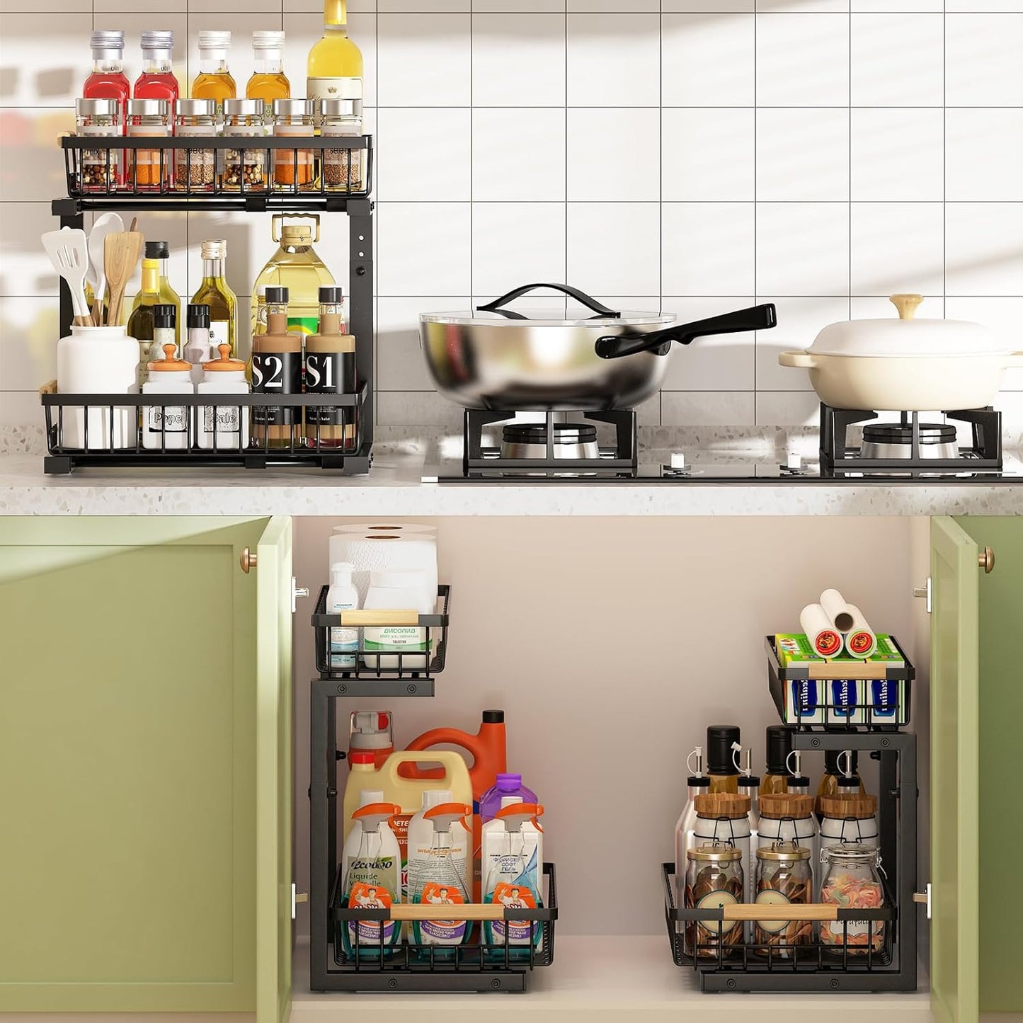 2-Tier Kitchen Under Sink Organiser Storage with Height Adjustable, Unique Slide Rail & Suction Cups for Storage