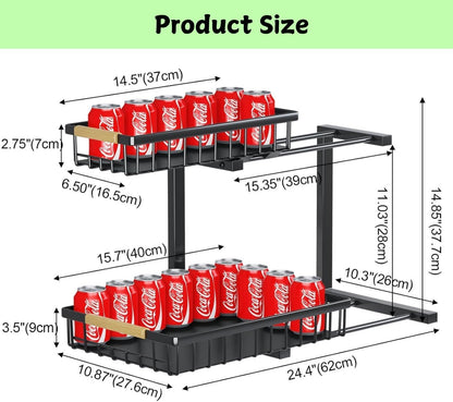 2-Tier Kitchen Under Sink Organiser Storage with Height Adjustable, Unique Slide Rail & Suction Cups for Storage