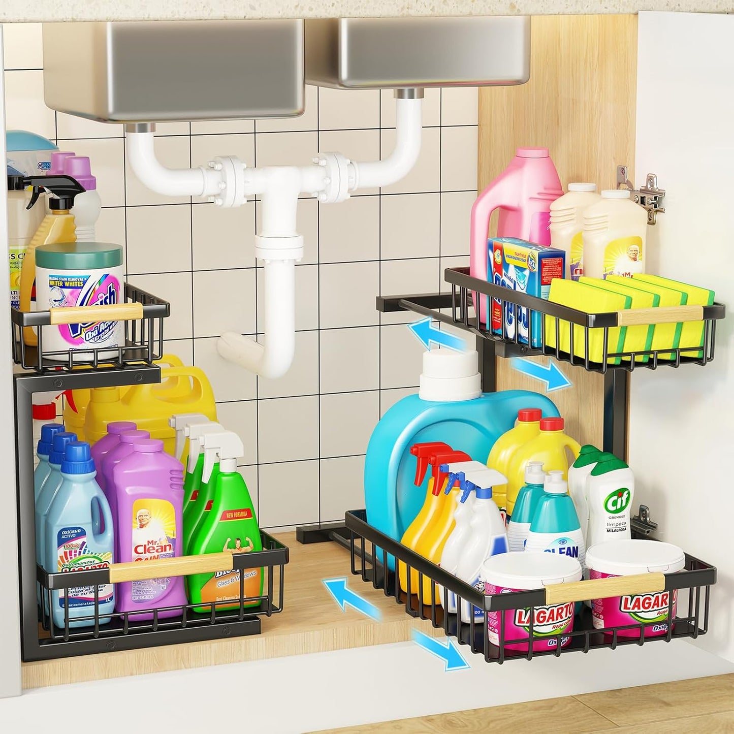 2-Tier Kitchen Under Sink Organiser Storage with Height Adjustable, Unique Slide Rail & Suction Cups for Storage