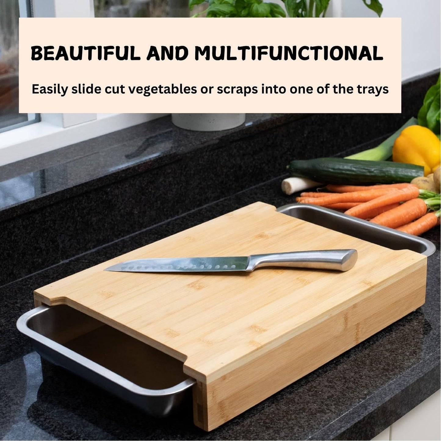 Chopping Board with with 2 Organiser Stainless Steel Trays Containers