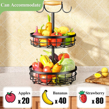 2-Tier Fruit Basket Bowl Storage with Wood Lift Handle and Dual Banana Tree Hanger for Kitchen Countertop