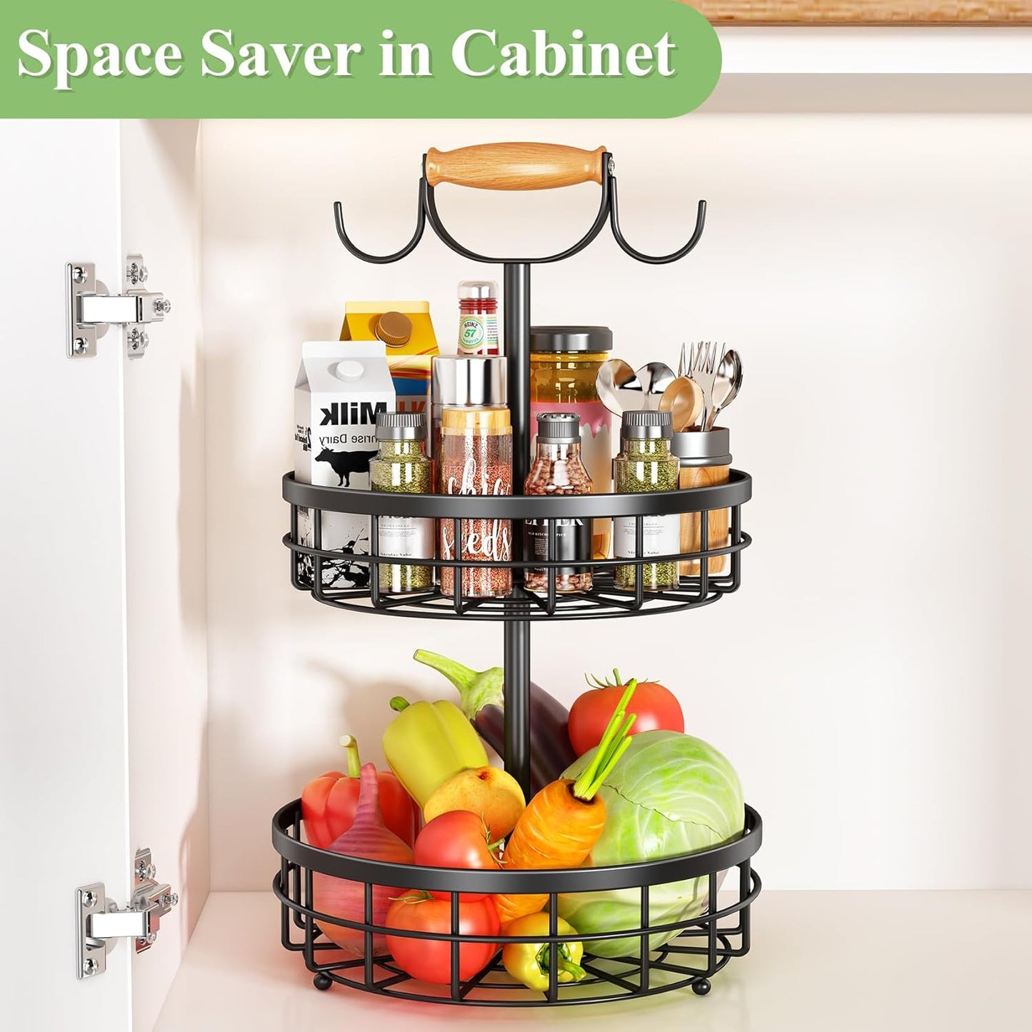 2-Tier Fruit Basket Bowl Storage with Wood Lift Handle and Dual Banana Tree Hanger for Kitchen Countertop