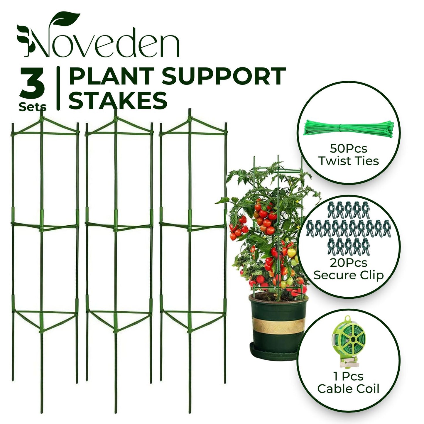 NOVEDEN 3 Sets Tomato Supports Cages with 20 Clips 50 Twist Tie and 30meters Rope (Green)