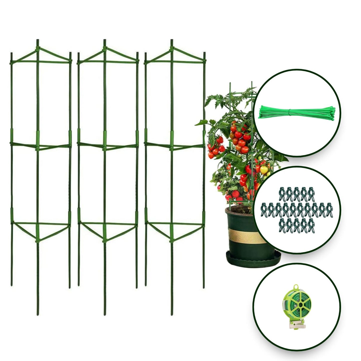 NOVEDEN 3 Sets Tomato Supports Cages with 20 Clips 50 Twist Tie and 30meters Rope (Green)