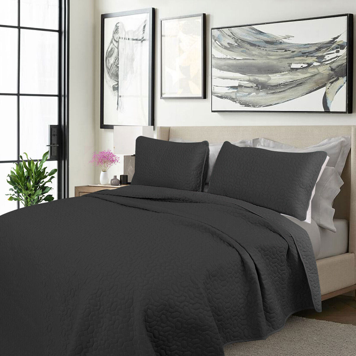 Shangri La 2000TC Charcoal Cooling Embroidered 3 Pcs Comforter Set Queen