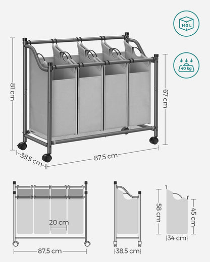 SONGMICS Laundry Basket with 4 Removable Laundry Bin on Wheels Gray