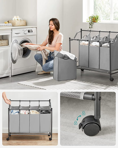 SONGMICS Laundry Basket with 4 Removable Laundry Bin on Wheels Gray